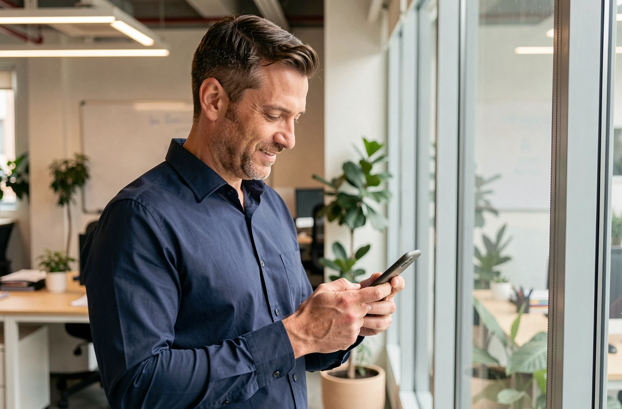 Homme installant une application sur smartphone dans un bureau professionnel moderne