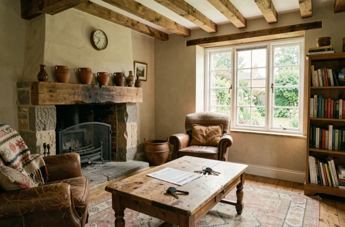 Intérieur chaleureux d'une petite maison normande en location avec contrat de bail et clés sur la table
