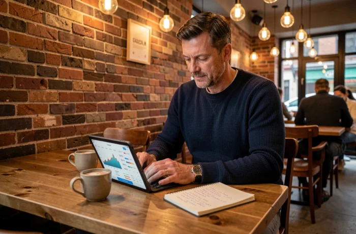 Homme consultant son portefeuille d'investissement sur une tablette dans un café urbain avec carnet de notes