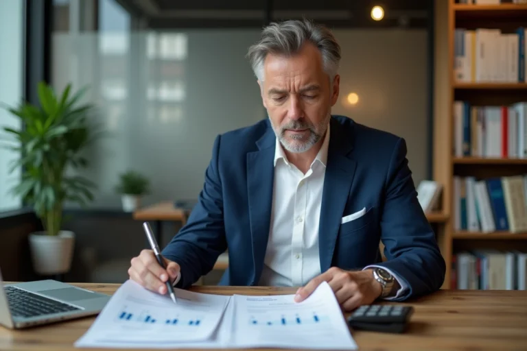 Investisseur immobilier analysant un tableau d'amortissement de parking dans un bureau moderne
