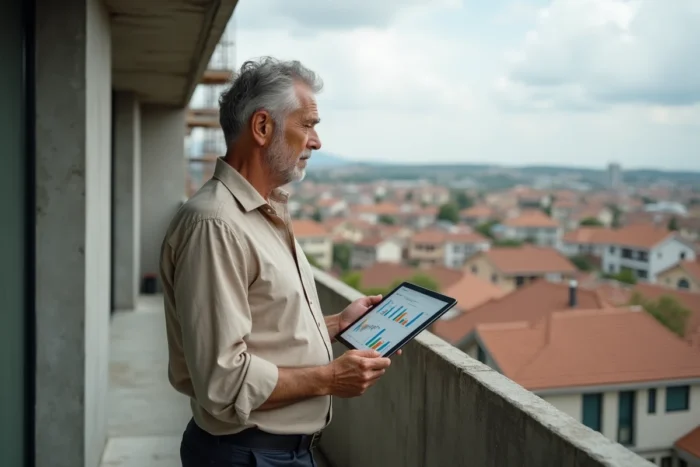 Homme investisseur immobilier sur le chantier d'un appartement en rénovation avec vue urbaine et données patrimoniales sur tablette