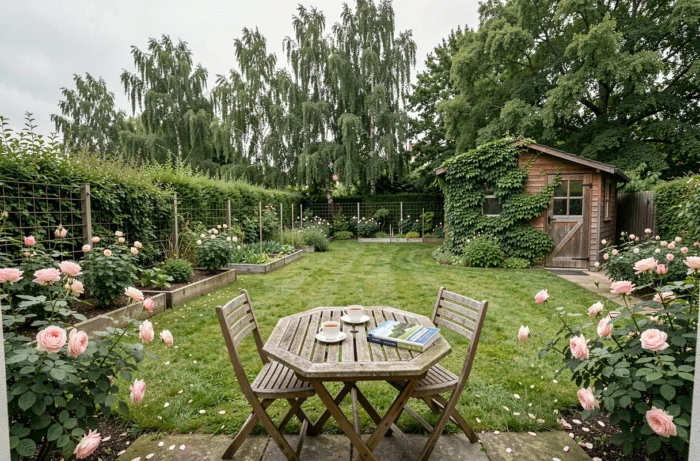 Jardin privatif soigné d'une petite maison en location en Seine-Maritime avec table de jardin et cabanon