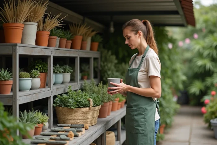 Jardinière en tablier lin vert sauge dans une jardinerie tendance avec nouveautés végétales et accessoires déco de saison