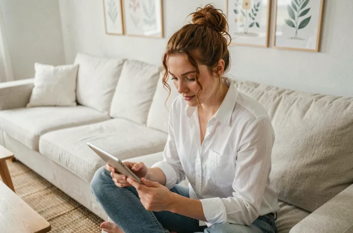 Jeune femme assise sur un canapé découvrant les rubriques d'un site web sur une tablette numérique dans un salon moderne