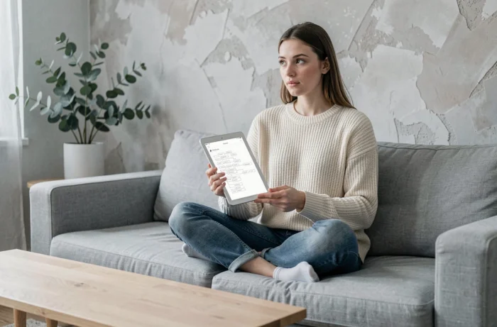 Jeune femme consultant un plan de site web sur une tablette dans un salon scandinave épuré