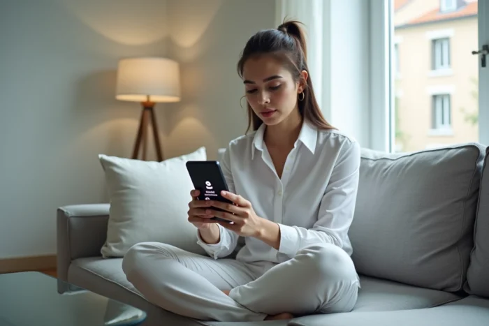 Jeune femme consultant son webmail Strasbourg sur smartphone depuis un appartement moderne