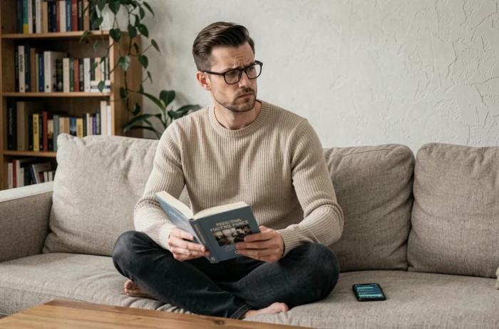 Jeune homme pensif sur un canapé lisant un livre de finances personnelles avec un air dubitatif