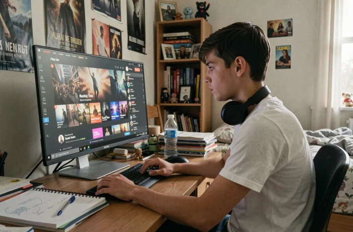 Jeune homme consultant une plateforme de streaming sur ordinateur dans sa chambre