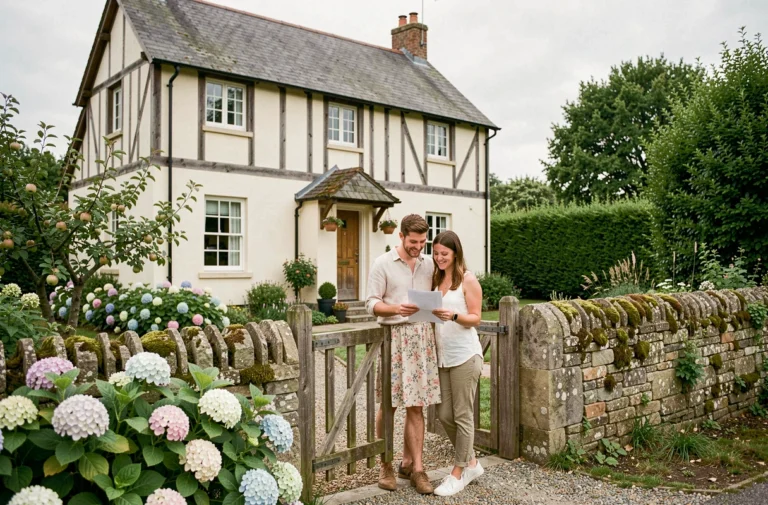 Couple devant une petite maison normande avec jardin en Seine-Maritime lors d'une visite de location