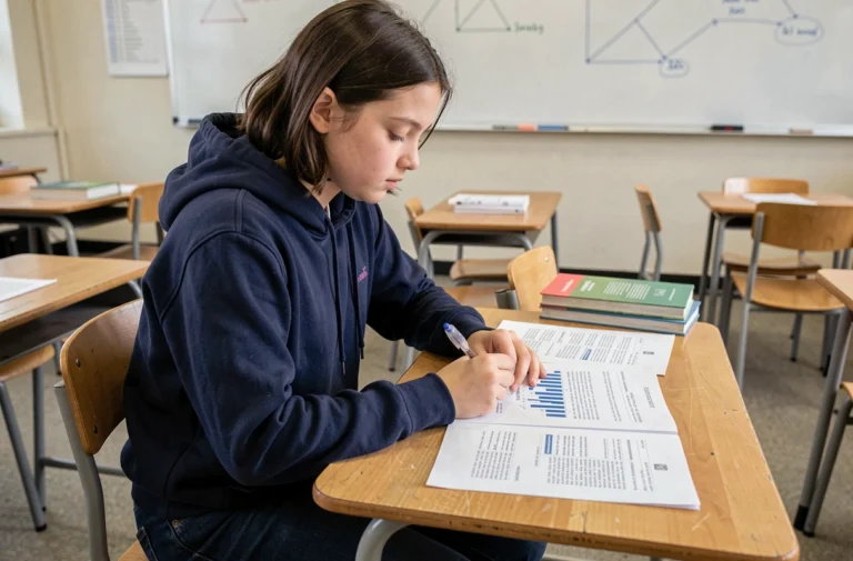 Lycéenne en classe annotant un tableau de caractérisation STMG sur feuille imprimée, prise de vue éditoriale réaliste