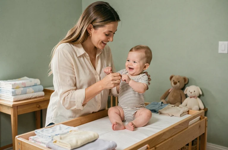 Jeune maman habillant son bébé avec un body rayé en coton sur une table à langer dans une chambre de bébé décorée en vert sauge