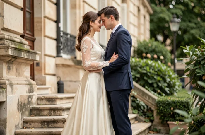 Couple discret et élégant partageant un moment intime lors de leur mariage devant une architecture parisienne en pierre