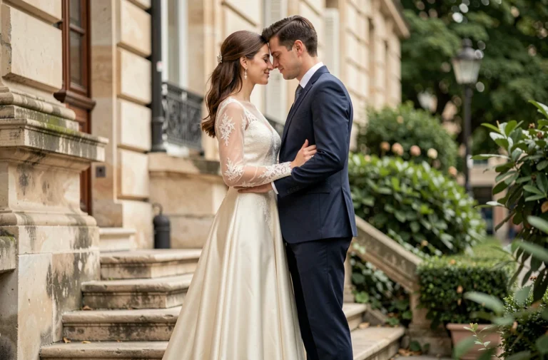 Couple discret et élégant partageant un moment intime lors de leur mariage devant une architecture parisienne en pierre