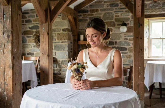 Mariée en robe satin ivoire assise seule dans un lieu de réception rustique, tenant un bouquet de fleurs séchées