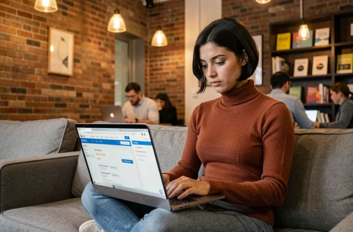 Jeune professionnelle du marketing digital optimisant le référencement d'un site web depuis un espace de coworking