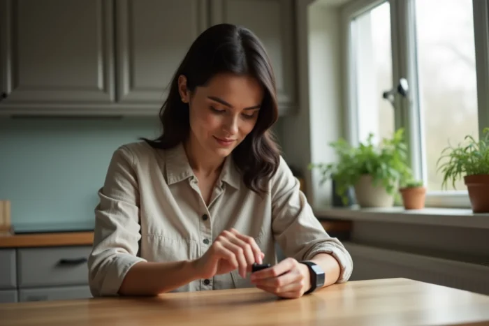 Mère examinant un bracelet GPS pour enfant à la table de la cuisine