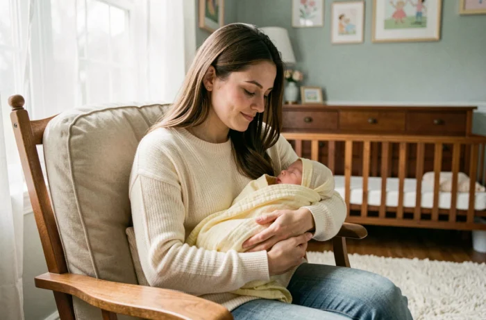 Jeune mère tenant tendrement son nouveau-né dans une chambre de bébé chaleureuse et apaisante