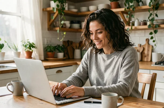 Mère de famille consultant des ressources parentales en ligne sur son ordinateur portable dans une cuisine chaleureuse