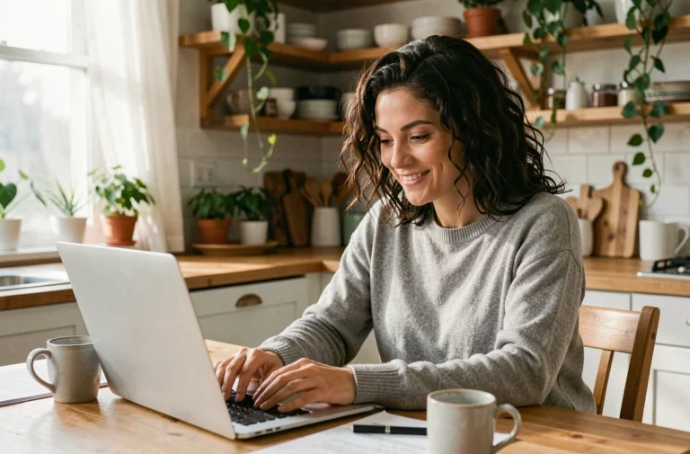 Mère de famille consultant des ressources parentales en ligne sur son ordinateur portable dans une cuisine chaleureuse