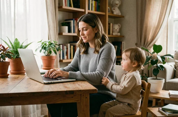 Mère télétravaillant depuis son bureau à domicile en présence de son jeune enfant, illustrant l'équilibre entre travail à distance et parentalité