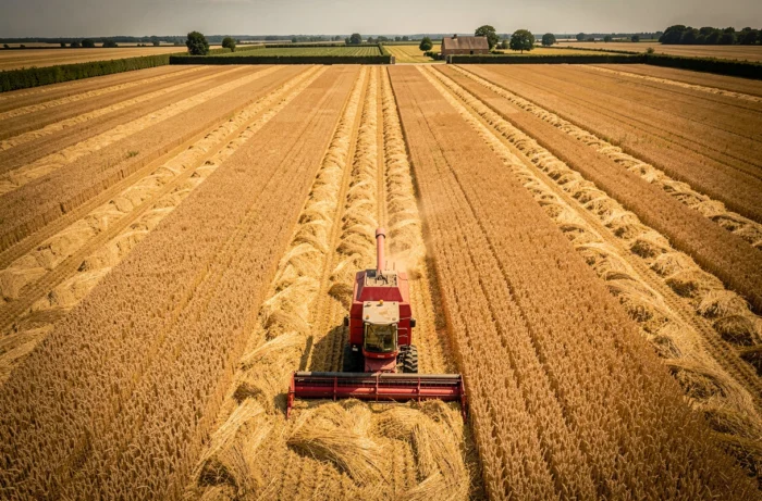 Vue aérienne d'une moissonneuse-batteuse automotrice récoltant un champ d'orge doré en été, illustrant les équipements agricoles innovants et les tendances du machinisme moderne