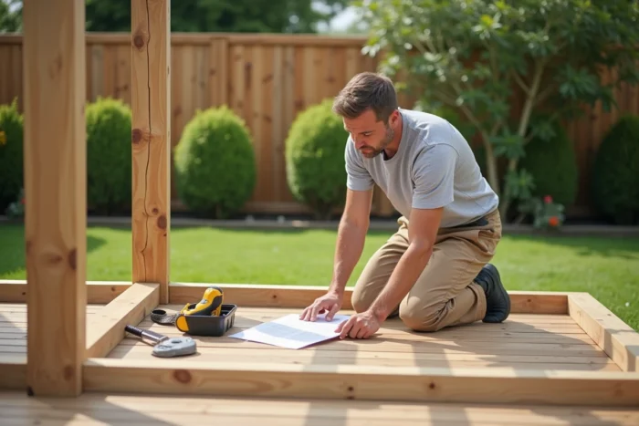 Homme assemblant la structure de base d'une pergola bois dans un jardin pavillonnaire, avec notice de montage et caisse à outils
