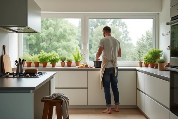 Homme pratiquant le naturisme à domicile en cuisinant dans une cuisine moderne et épurée