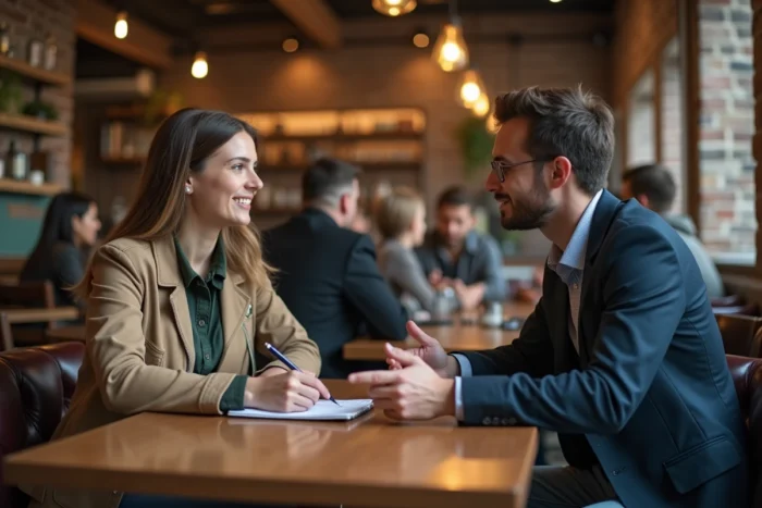 Deux professionnels en discussion de networking dans un café pour booster leur recherche d'emploi