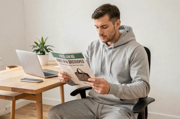 Homme consultant une offre promotionnelle pour obtenir un sac gratuit Basic Fit depuis chez lui