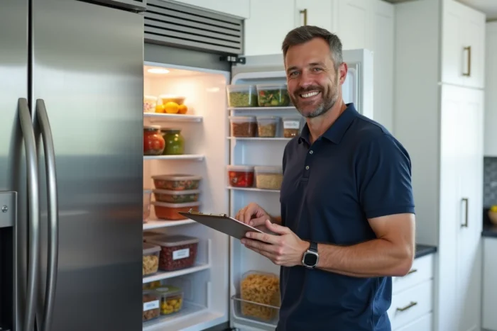 Homme consultant sa liste de courses devant un réfrigérateur organisé avec des repas préparés à l'avance pour le régime