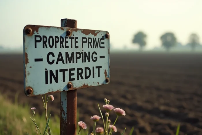 Panneau propriété privée camping interdit fixé sur une clôture en bordure d'un champ agricole français