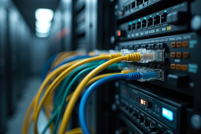 Panneau de câblage réseau professionnel comparant câbles ethernet RJ45 colorés et câble fibre optique jaune dans une salle serveur