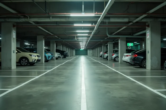 Parking souterrain urbain avec emplacements numérotés illustrant un investissement immobilier locatif