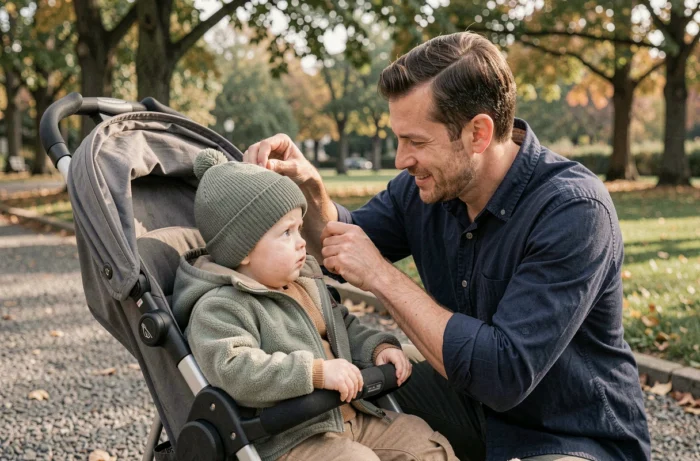 Papa ajustant le bonnet et la veste polaire de son bébé dans une poussette dans un parc urban en automne
