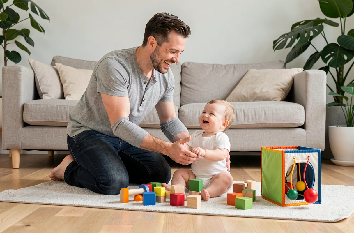 Père jouant avec son bébé de six mois sur un tapis d'éveil dans un salon moderne
