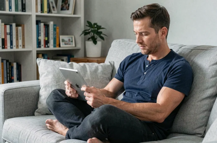 Père consultant un site de ressources pour parents sur une tablette numérique dans un salon moderne