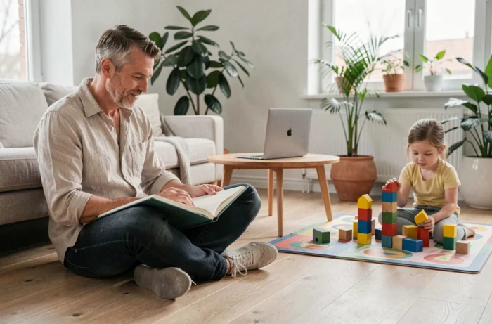 Père en télétravail dans son salon pendant que sa fille joue à proximité, représentant la conciliation entre vie professionnelle et familiale à domicile