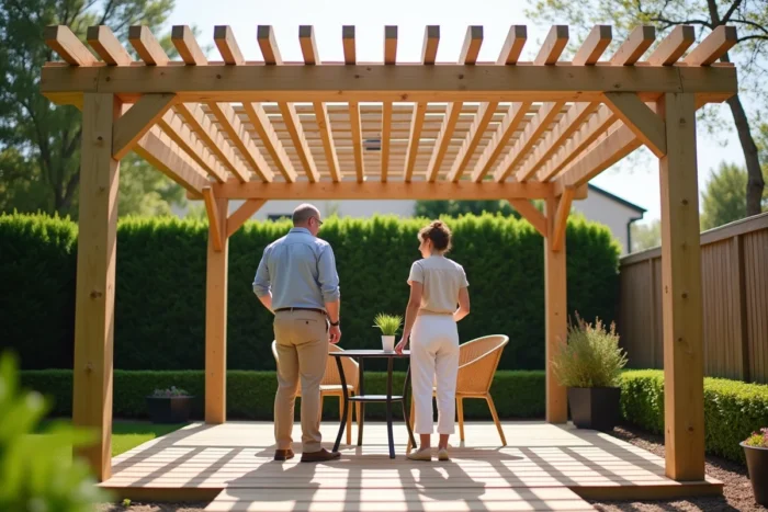 Couple admirant une pergola bois entièrement montée dans leur jardin avec table de jardin et chaises en rotin dessous