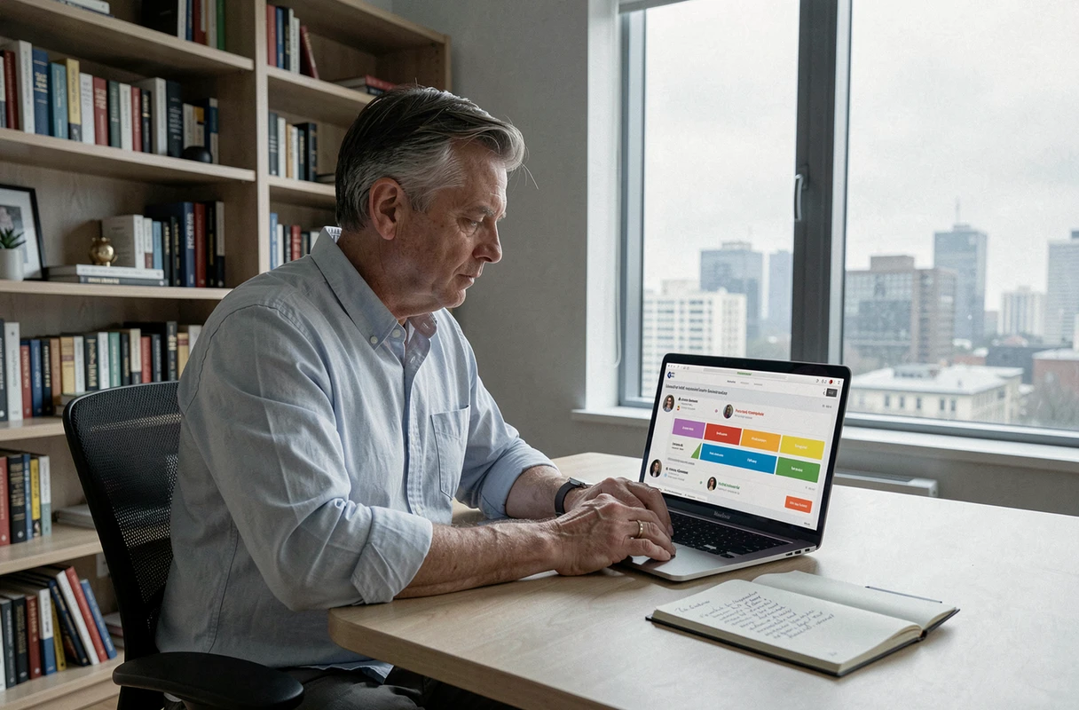 Homme analysant un pipeline de génération de leads sur un ordinateur dans un bureau à domicile