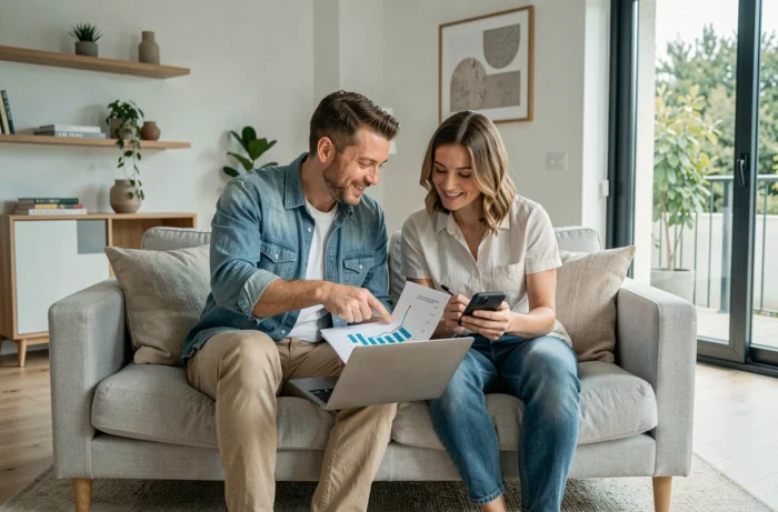 Couple planifiant ensemble leurs finances et investissements sur un canapé dans un salon scandinave moderne
