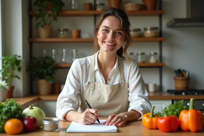 Femme planifiant ses menus de régime hebdomadaires sur un carnet entouré de légumes frais dans une cuisine organisée