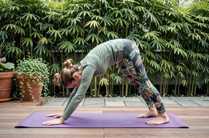 Femme en posture chien tête en bas sur un tapis de yoga violet dans un jardin verdoyant, parfait pour illustrer un enchaînement de yoga en plein air