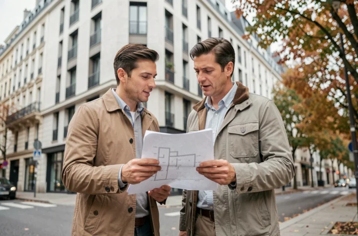 Un couple examine des plans immobiliers devant un immeuble résidentiel moderne en milieu urbain, symbolisant la préparation d'un projet immobilier