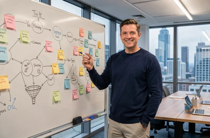Homme présentant une stratégie webmarketing innovante devant un tableau blanc en salle de réunion