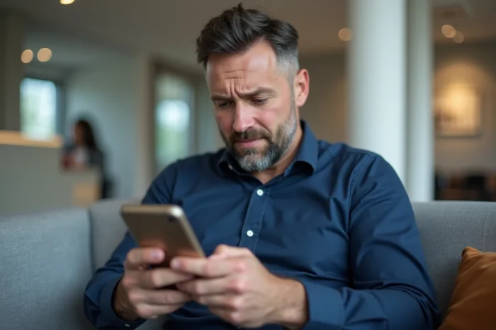 Homme consultant son application mobile bancaire Société Générale en agence pour résoudre un problème de connexion