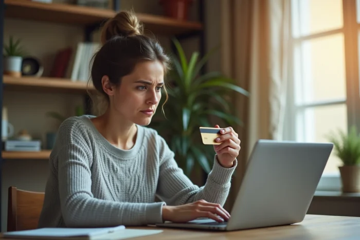 Femme résolvant un problème de connexion au compte bancaire Société Générale sur son ordinateur portable à domicile