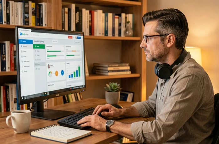 Un professionnel en télétravail analysant les fonctionnalités d'une plateforme LMS pour son entreprise depuis son bureau à domicile
