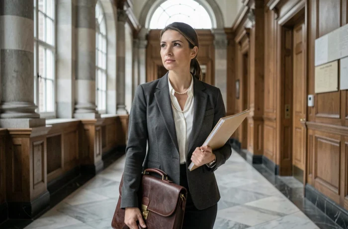 Professionnelle juridique tenant un dossier dans le couloir d'un palais de justice français avec architecture en marbre