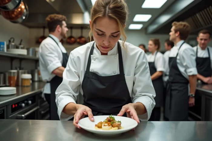 Femme adulte en reconversion professionnelle suivant un CAP cuisine en alternance, en train de dresser une assiette dans une cuisine professionnelle à Paris