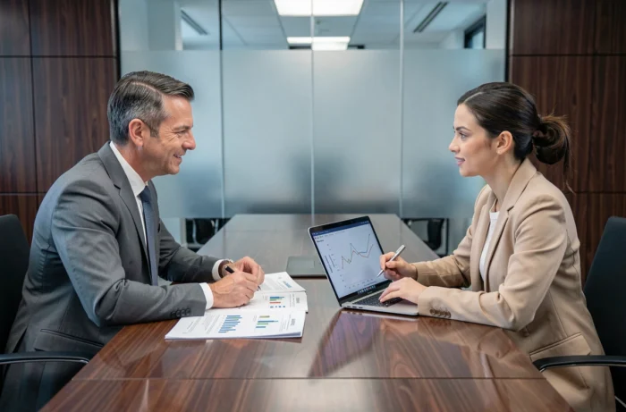 Deux professionnels analysant des rapports de performance marketing B2B lors d'une réunion en salle de conférence